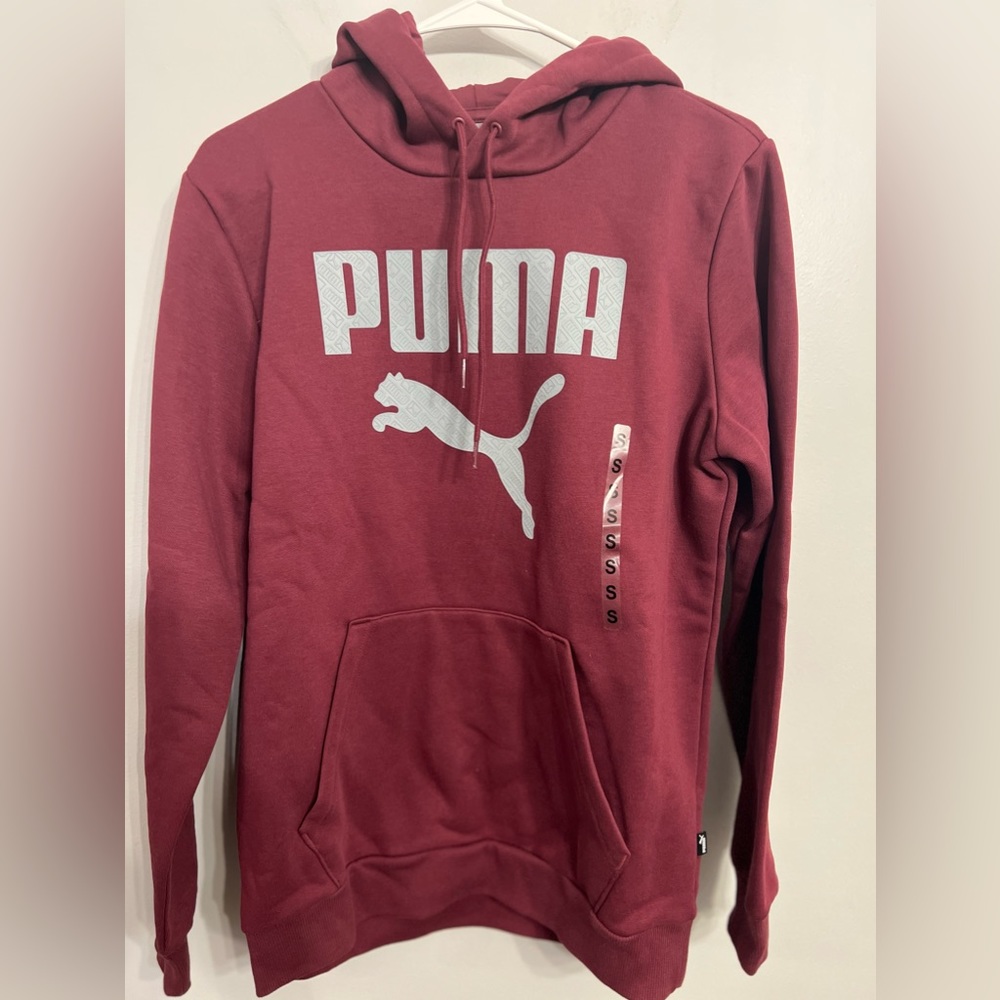 Puma Men's Fleece Hoodie Embossed Logo Burgundy/gray  kangaroo pocket Size Small